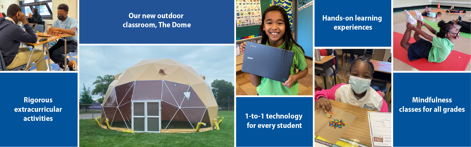 Extracurricular activities, one to one technology, hands on learning, outdoor classroom and mindfulness
