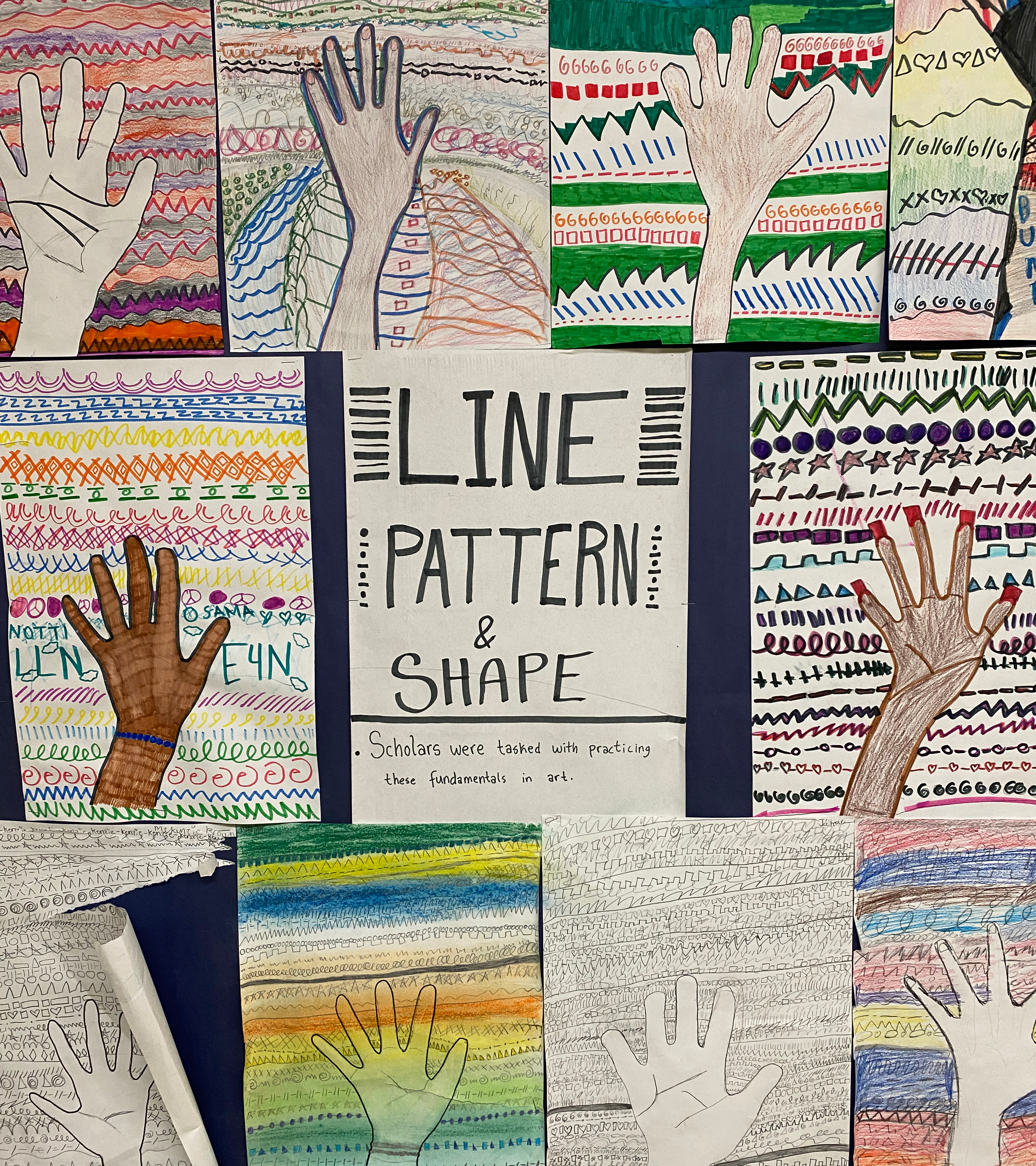 Line Pattern and Shape art projects on a bulletin board